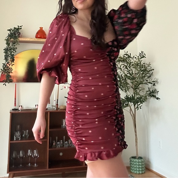 For Love & Lemons | Cher Ruched Polka Dot Floral Sweetheart Dress - Picture 2 of 3